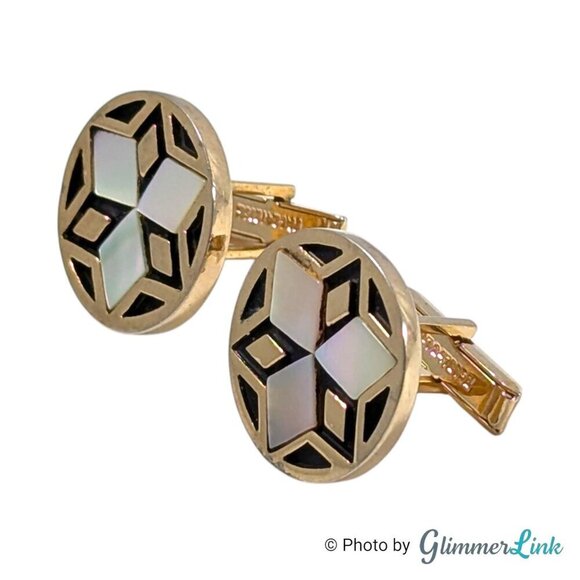 VTG Round Mother of Pearl Shell Six Pointed Star Whale Back Gold Tone Cufflinks - Picture 3 of 9